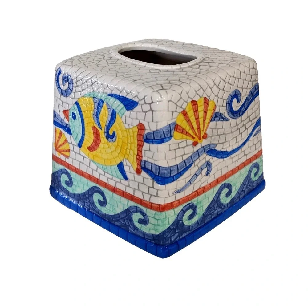 Wamsutta Vtg Ceramic Mosaic Tissue Box Cover Tropical Fish Ocean Coastal Retro